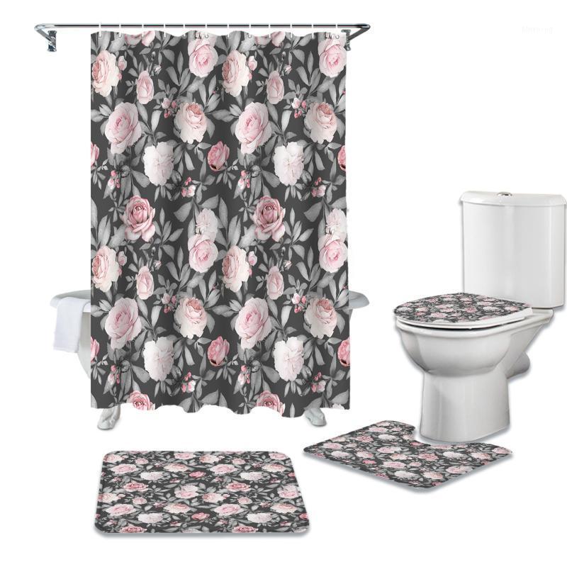 

Flower Rose Pink Waterproof Bath Shower Curtain Rug Set Non-slip Bath Mat Toliet Cover Polyester Shower Curtain1