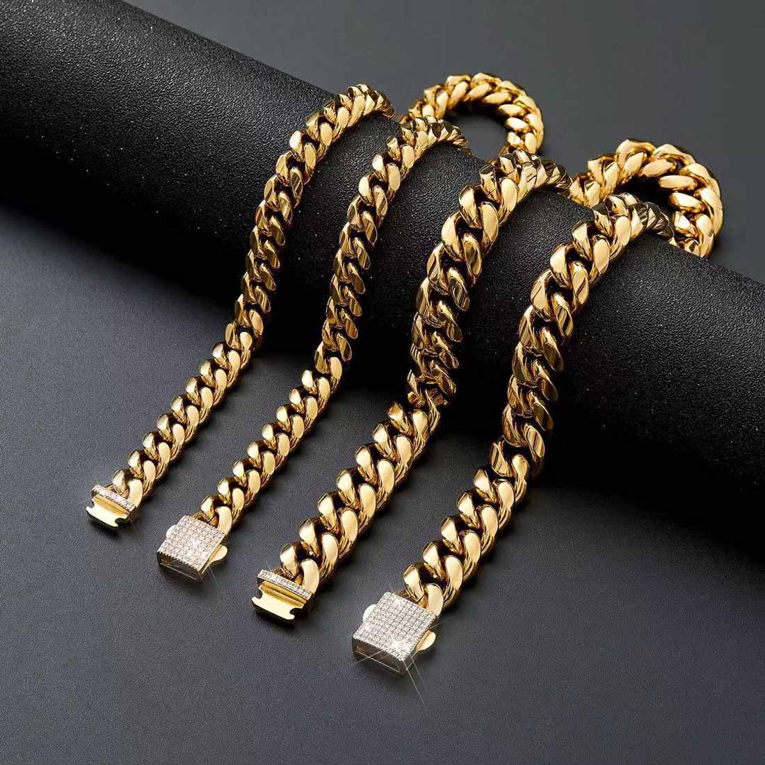 

316L Stainless Steel Men Women Cuban Link Chain Necklace Bracelet Curb Chains Jewelry Full Diamond Lock Clasps 6mm 8mm 10mm 12mm 14mm, Gold 6mm