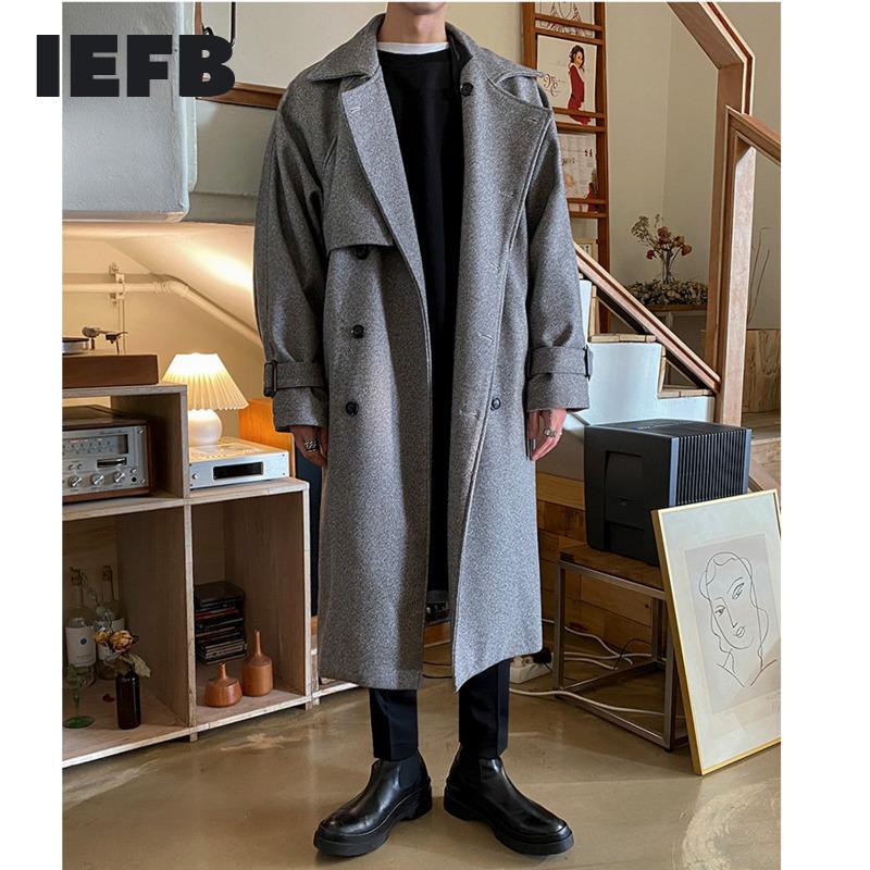 

IEFB Korean fashion men's woolen coat mid length handsome oversized mens clothes autumn winter thick coat high quality 9Y4772, Gray