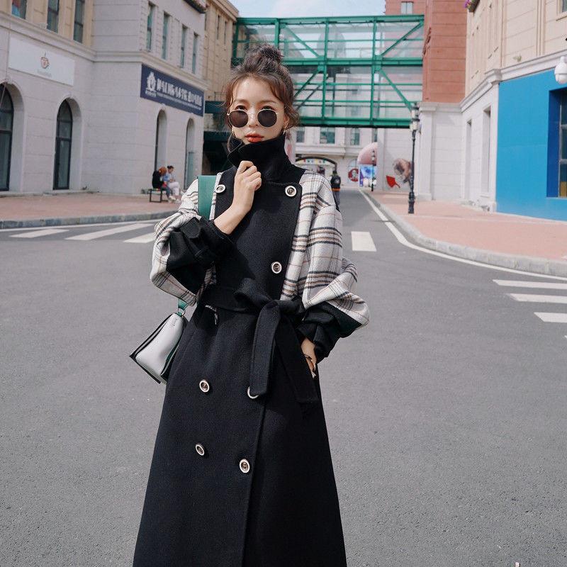 

Plaid Sleeve Stitching Black Women Windbreaker Coat Female Mid-length Autumn Winter New Thicken Casual Woolen Trench Overcoat A