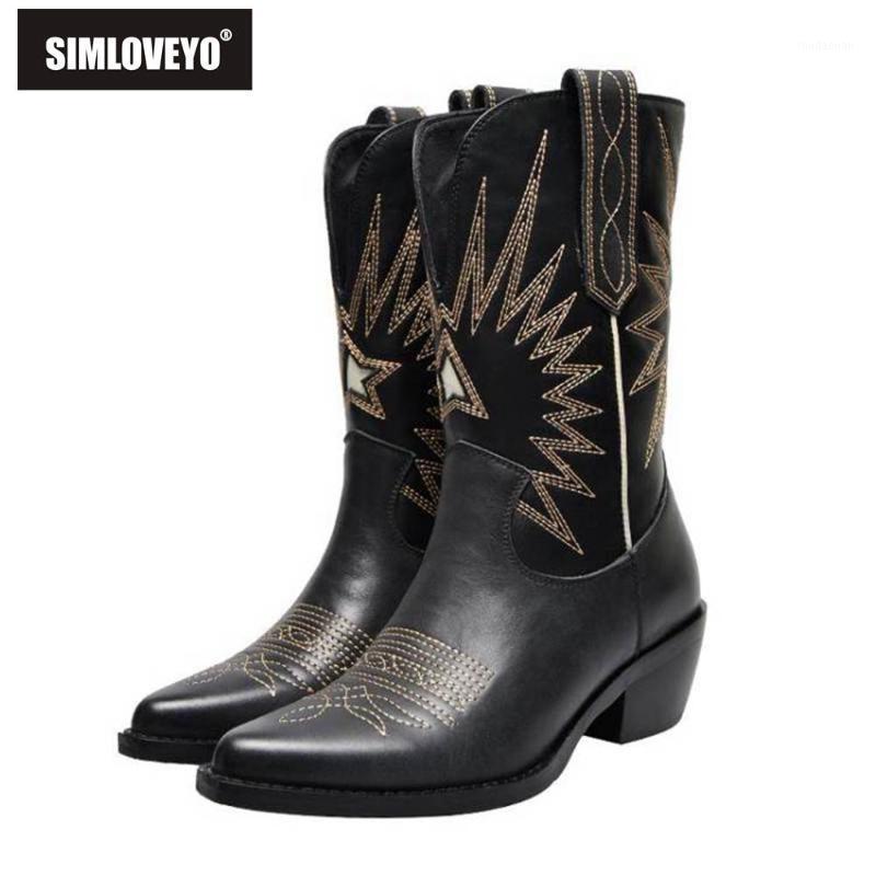 

SIMLOVEYO Women Cowboy Ridding Boots Western Punk Gladiator Half Pointed toe Square heels PU leather Slip on Size 40 B14091, Black