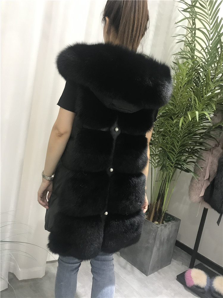 

Real Autumn Spring Vest with Hood Full of Fox Skin Women Waistcoat Medium-long Leather Jacket X8rv, The picture