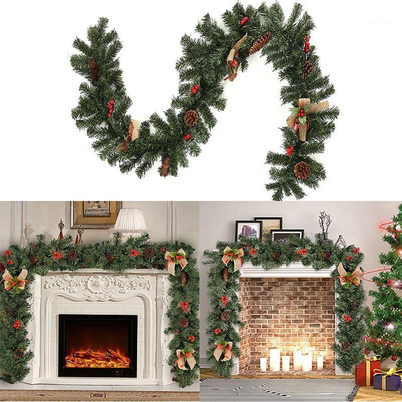 

1.8M Christmas Garland Green With Light Hanging Ornaments For Fireplace Staircase Christmas Bowknot Red Berry Pine Cones Garland1