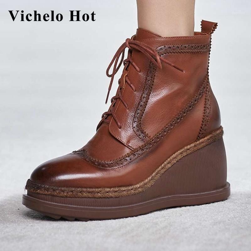 

Vichelo Hot natural leather round toe super high heel wedges gladiator vintage colors cross-tied handmade brand ankle boots L661, Black