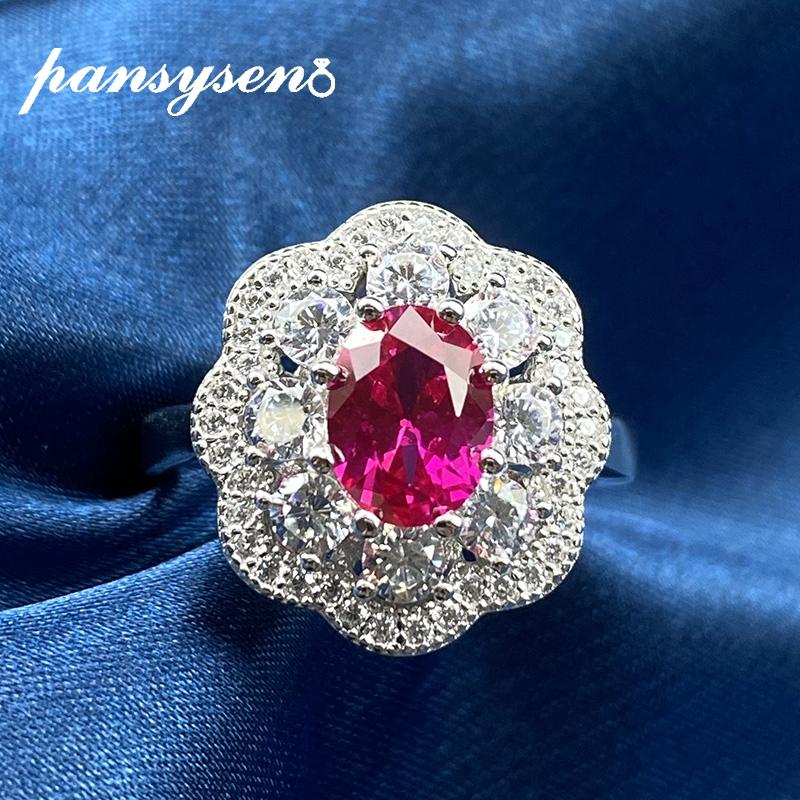 

PANSYSEN Vintage 100% 925 Sterling Silver Oval Ruby Simulated Moissanite Gemstone Wedding Engagement Ring Fine Jewelry Wholesale