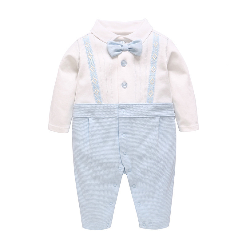 

2021 New Rompers Autumn Gentleman Style Baby Boys Clothing Newborn Infant Long Sleeve Clothes with Bow 0-2y Wx29, Sky blue