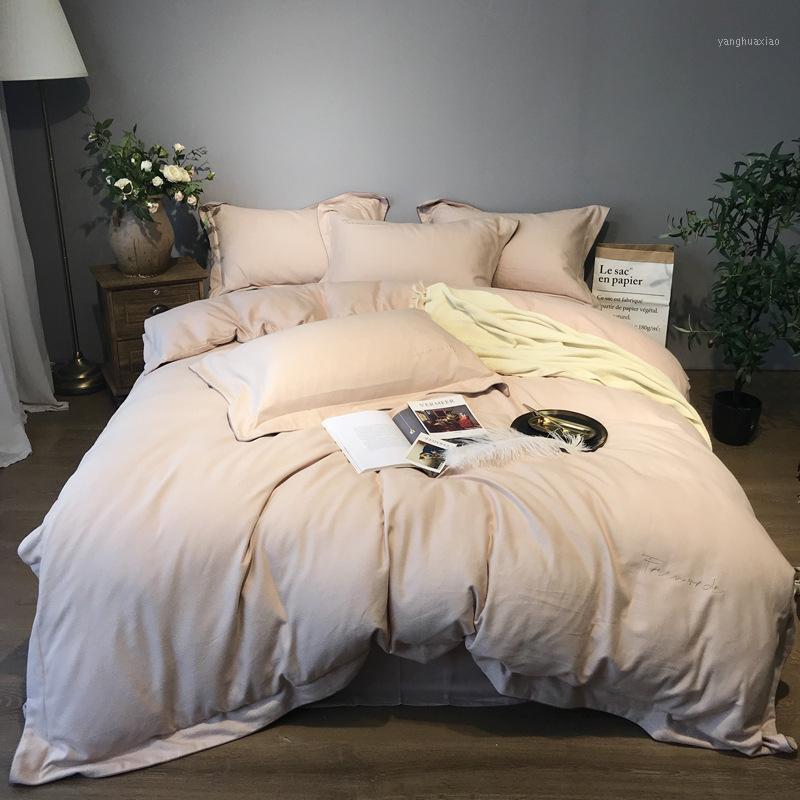 

FreeShipping 4pcs Popular Bedding Set 100% Cotton PureColor Quilt Cover Northern Europe Style Home Textile Hotsale 1.8m Bedsheet1, Pink