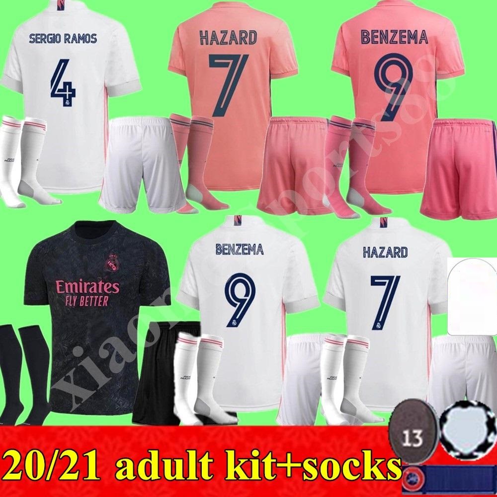 

2020 2021 REAL MADRID jerseys 20 21 soccer jersey HAZARD SERGIO RAMOS BENZEMA VINICIUS camiseta football shirt uniforms Men kit sets, Black