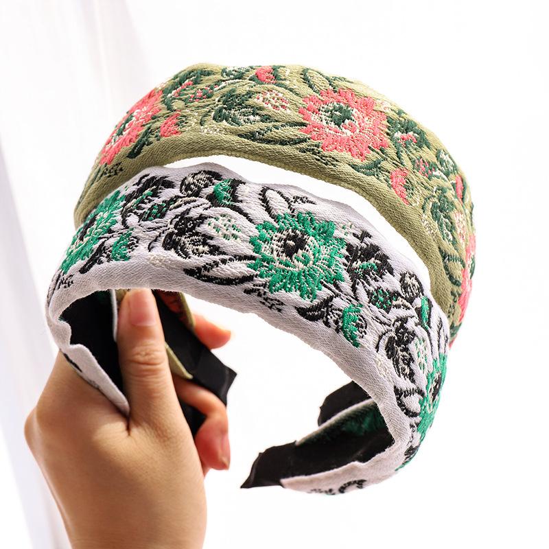 

Women Bohemian Ethnic Embroidered Floral Ribbon Hairbands Headband Hair Accessories Beautiful Ethnic Pattern Wide Knotted Turban