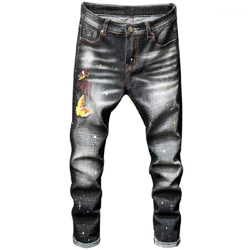 

2020 Casual Jeans Mens Straight Stretch Little Feet Skinny Embroidery Scratched Denim Tide Paint Hole Pants Men Trousers,ES6811, Es681 gray