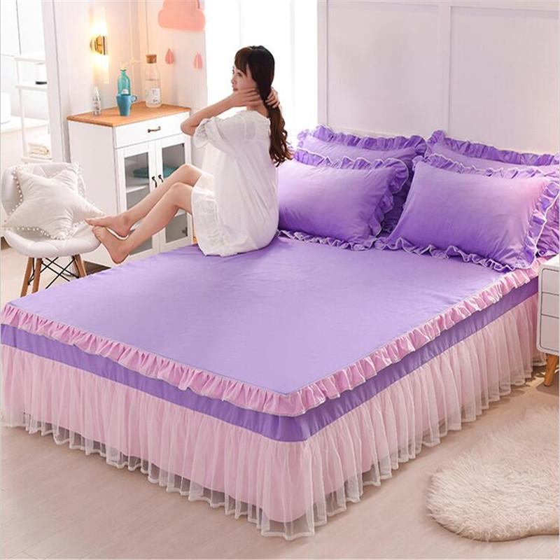 

3pcs lace edging bedspreads set Princess style bed coverlet lace bed mattress cover solid color quality bedskirt free shipping