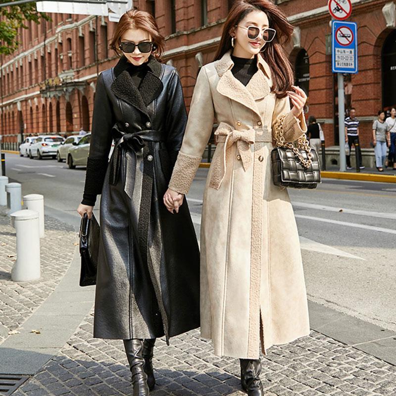 

Stitching Leather Jacket Plus Velvet Thick Women's Autumn and Winter Windbreaker Jacket 2020 X-Long Parka Lamb Wool Overcoat, Black