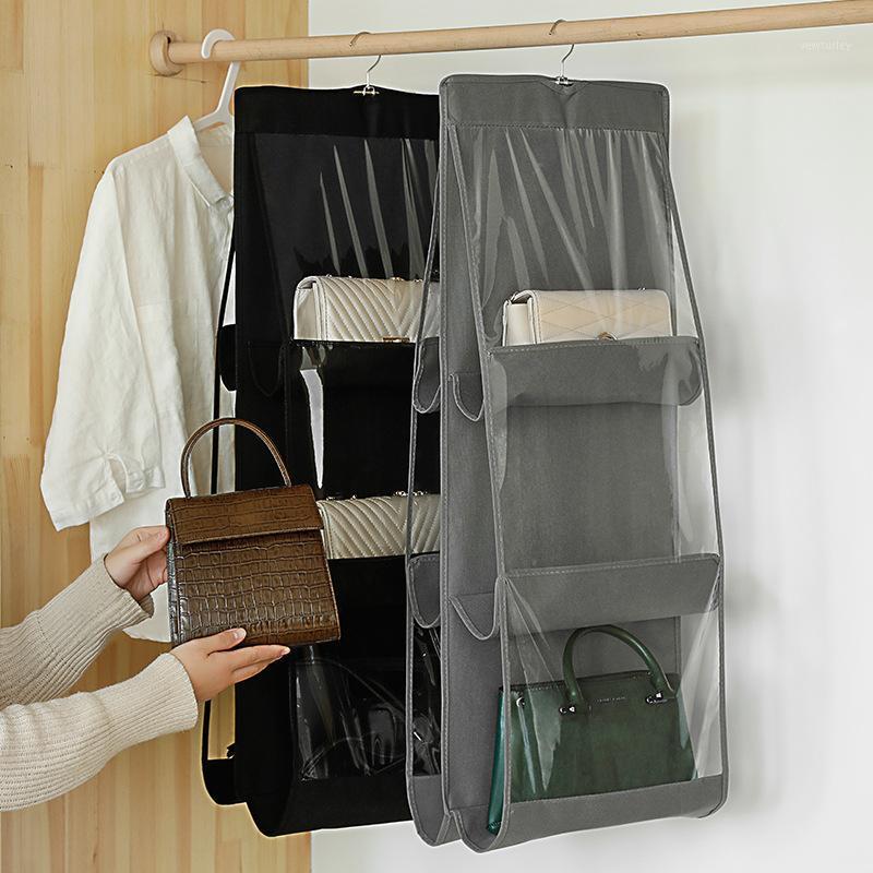 

Double Side Handbag Hanging Bags 6 Pockets Non-Woven Dust-Proof Container Wardrobe Hanging Storage Bag Transparent Mesh Organize1, 1piece black-6 grids