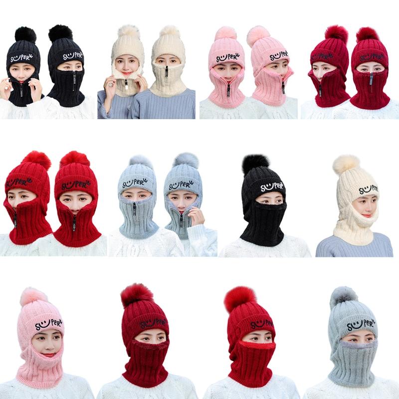 

Women Winter Knitted Beanie Balaclava Hat Letters Embroidery Faux Fleece Lined Zipper Face Mask Neck Warmer Outdoor Ski Pompom H