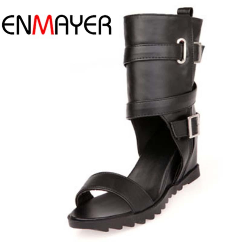 

ENMAYER New Round Toe Open Toe Wedges Women Boots Casual Shoes Women Motorcycle Boots Summer Platform Big Size 34-43, Black