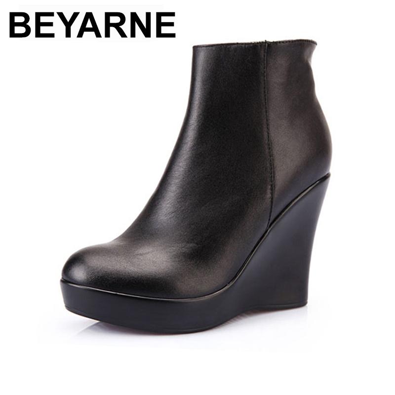 

BEYARNE Genuine Leather Autumn Winter Boots Shoes Women Ankle Boots Female Wedges Women Boot Platform Shoes, Black thin lining