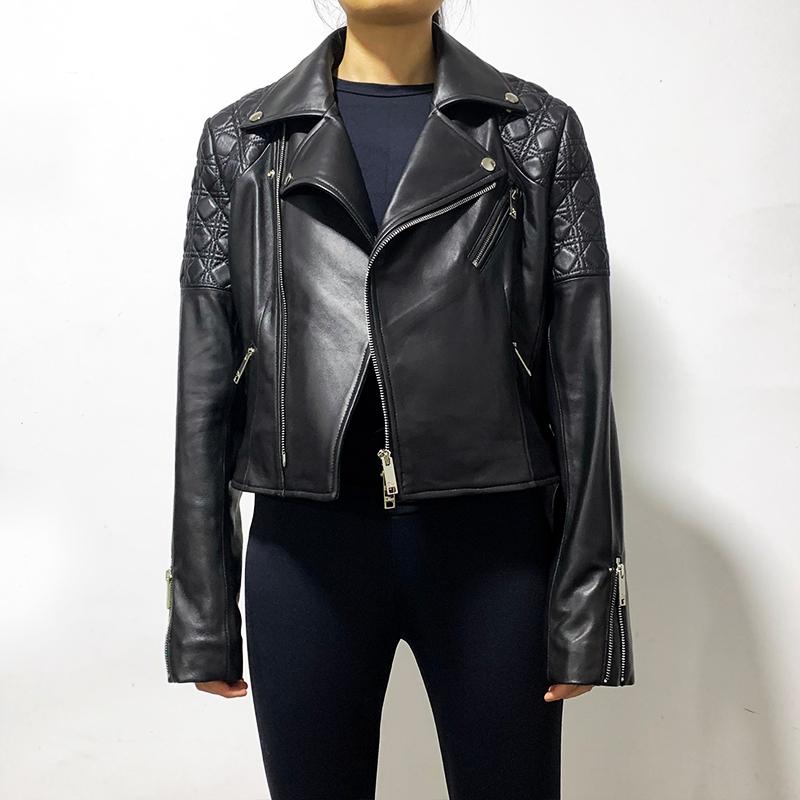 

gl20104 Genuine Sheep Leather Jacket Woman Moto Jacket Real Sheepskin Coat Long Sleeve with Belt, Black