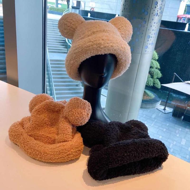 

Autumn Winter New Ins Style Lovely And Interesting Warm, Windproof Cold Resistant Bear Ears Plush Hat Basin Cap Woman Girl