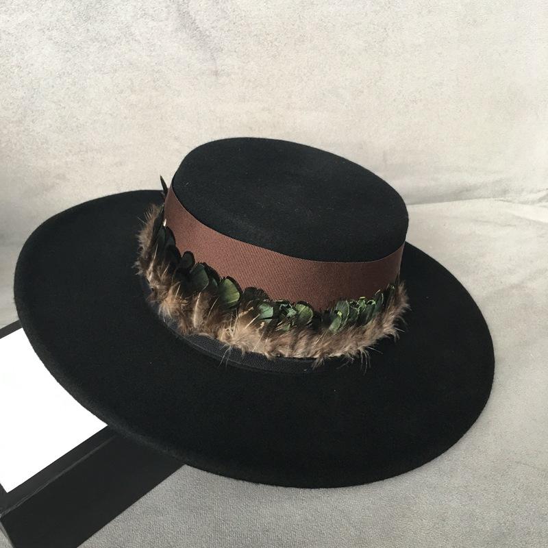 

202011-nao-flat autumn winter wool Colored feathers lady fedoras cap women leisure panama jazz hat, Black