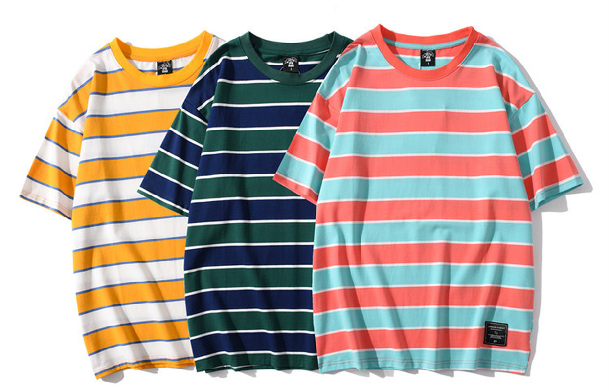 

New Striped T Shirt Men Tops Harajuku Tshirt Summer Short Sleeve Korean Punk Cotton T-shirt Streetwear, Yellow