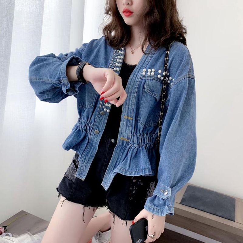 

Short blue elastic thin waistband vest denim sexy female with loose-v cropped jean jacket in the fashionable spring outwear Korean