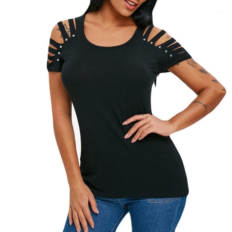 

Summer T Shirts Women T Shirt Cut Front Summer Women Short Sleeve Slashed Ripped Cut Out Party Fitted T-shirt Stretchy#w201, Black