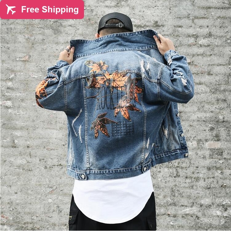 

Nagri 2020 brand new men's clothing jacket washed jeans Worried hole outerwear vintage maple leaf print black cowboy jackets, Blue