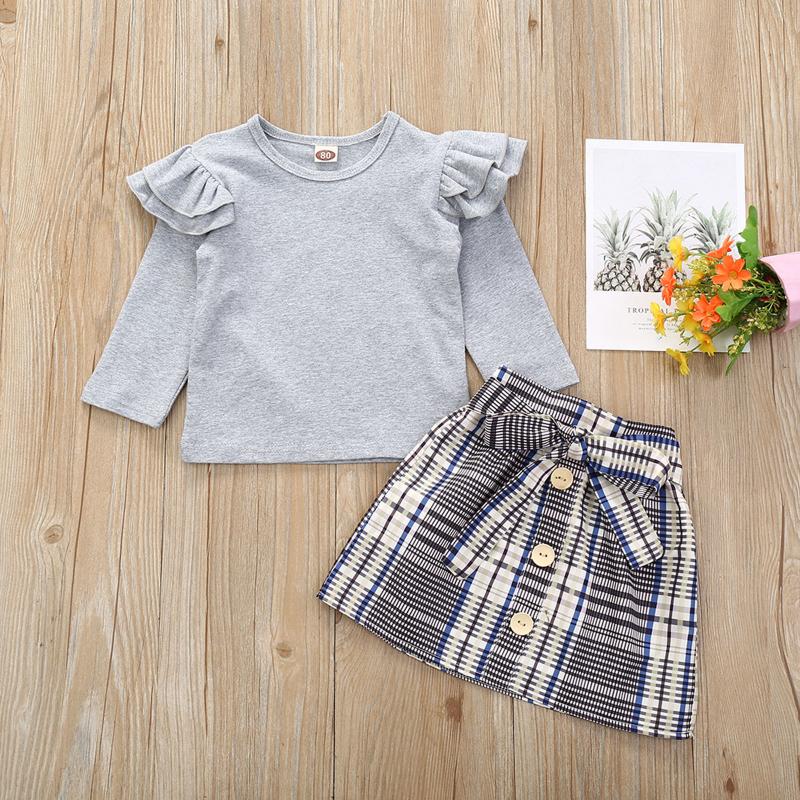 

Toddler Outfits Set Infant Kids Baby Girls Fashion Autumn Winter Ruffle O-Neck T -shirt Solid Color Tops Plaid Bow Skirt, Gy