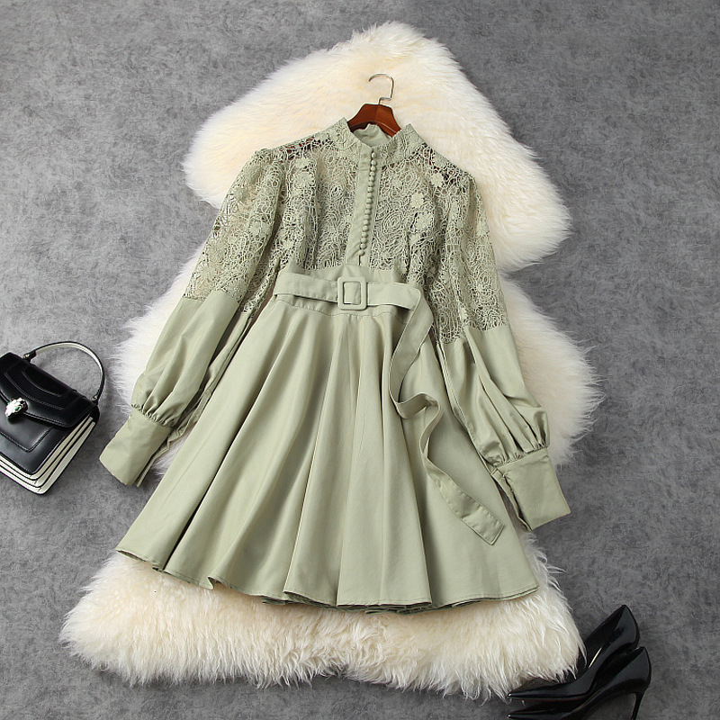 

2021 Spring Long Sleeve Stand Collar Black / Green Pure Color Lace Belted Panelled Single-Breasted Dress Elegant Casual Dresses LD30T11743