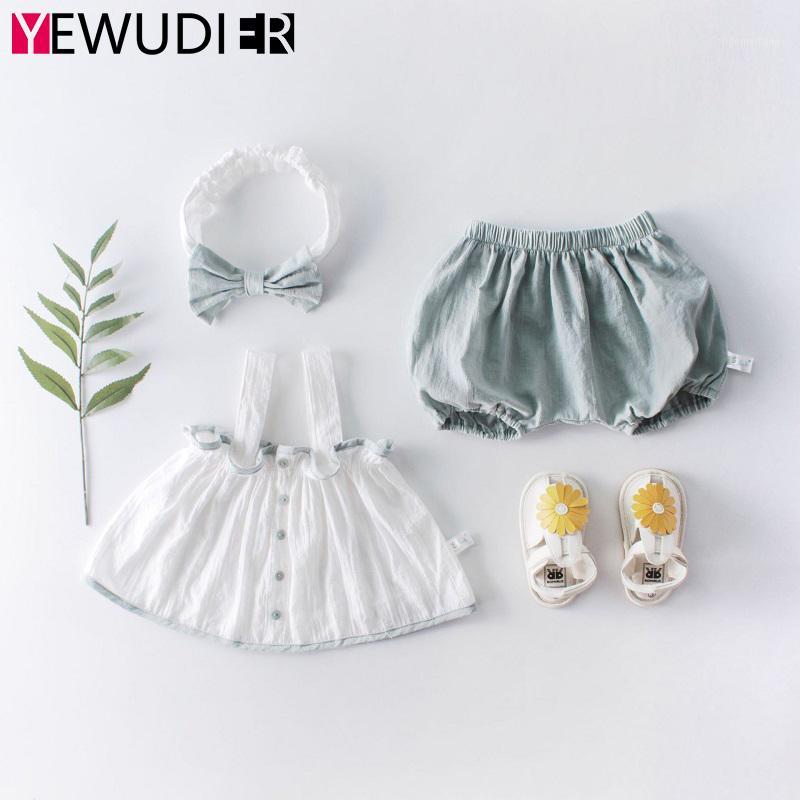 

Summer Baby Girls Clothes Sets Cute Suspenders Skirt Tops Solid Short Bloomers Pants With One Bowknot Headband Newborn Outfits1, Light green