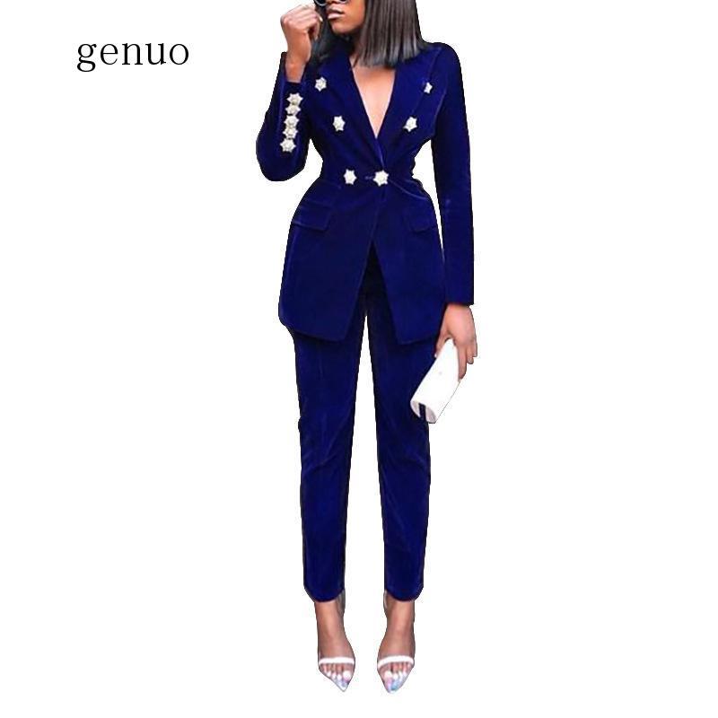 

New Winter Ladies Suit Dark Blue Long-Sleeved Jacket And Pants 2 Pieces Two-Piece Deep V-Neck Crystal Diamond Buckle Set