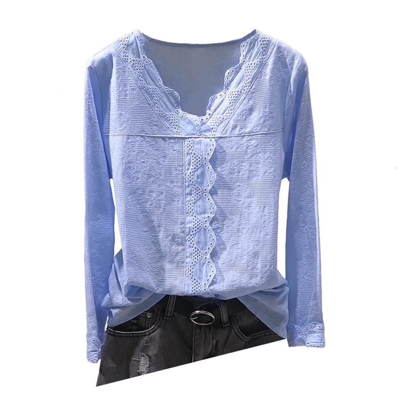 

Lace Cotton Women Blouse 2020 Summer New V-Neck Long-Sleeved Slim Solid Hollow Out Lady Elegant Pulls Tops High Quality, See chart