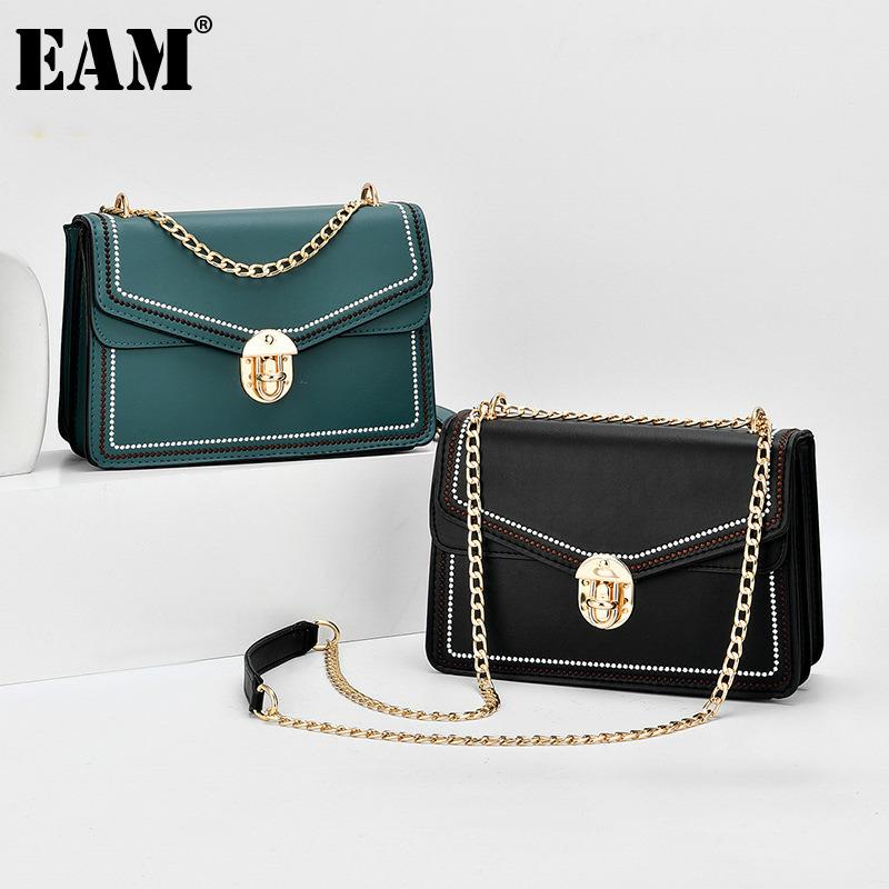 

[EAM] Women New Embroidery Chains Square PU Leather Flap Personality All-match Crossbody Shoulder Bag Fashion Tide 2021 18A1588, Black