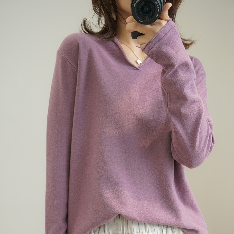 

Loose lazy V-neck knitted sweater women fall winter pullovers plus size women's wool tops 201123, Purple