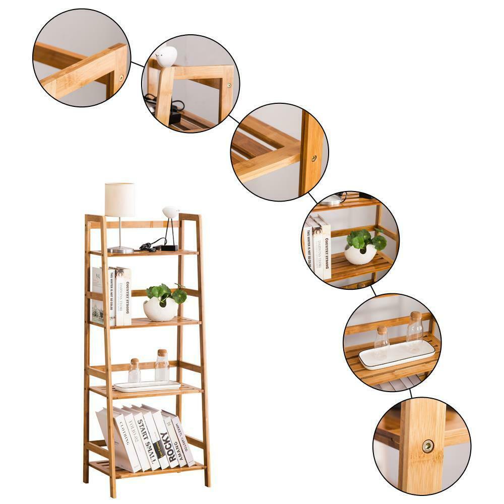 

New 4-Tier Bamboo Bookcase Bookshelf Leaning Wall Shelf Shelving Ladder Storage