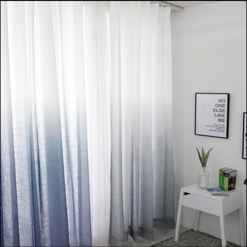 Simple modern bay window balcony gauze blue white curtain bedroom living room small gray gradient curtains finished product-image-628457995