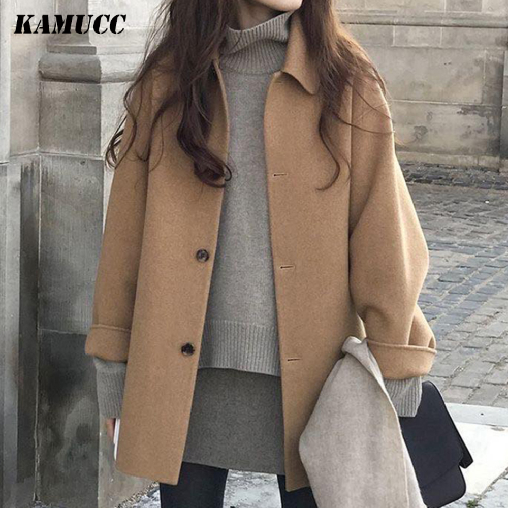 

KAMUCC Autumn Women Wool Coat Long Sleeve Single Breasted Fashion Turn Down Female Blends Causal Loose Winter Outwear 2020, Black