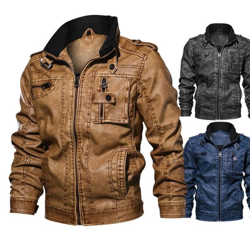 

male fur coat 2020 Winter Classics Men Slim Fit Casual Outwear Bomber Jacket Winderbreaker PU Motorcycle Leather Jackets, Blue