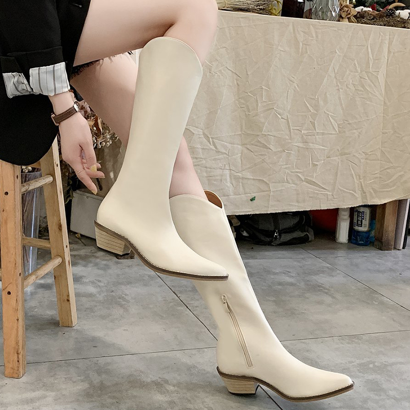 

Lucyever fashions pointed toe Western knee high women's beige black cowboy long woman plutonium boots mujer D4NS