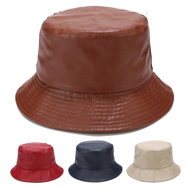 

Unisex Artificial Leather Wide Brim Bucket Hat Simple Matte Solid Color Harajuku Hip Hop Sunscreen Panama Fisherman Cap, Black
