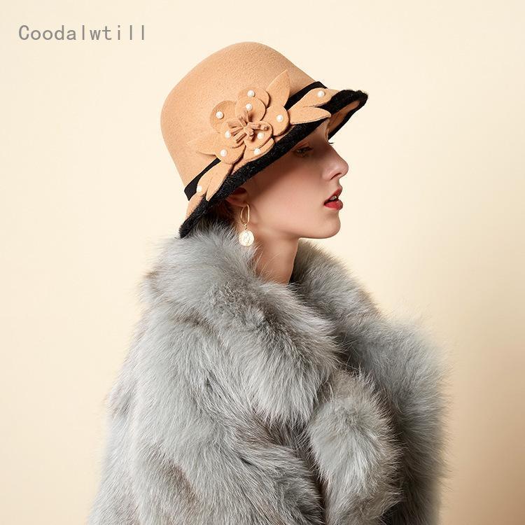 

Vintage Black Wool Cloche Hats Wide Brim Fedora Hat For Women Flower Red Brown Felt Winter Bowler Cap Chapeau Feutre Femme1, Grey