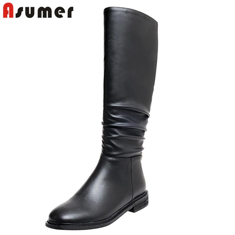 

Asumer 2021 top quality genuine leather +pu knee high boots women pleated zipper autumn winter low heel casual shoes women boots, Beige