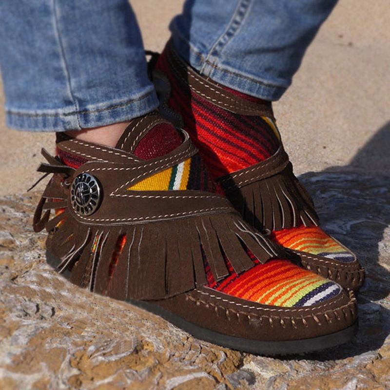 

Women Tassel Stripe Ankle Boots 2021 Women's Sewing Warm Woman Flats Female Shoe Ladies Casual Hook Loops Footwear Plus Size 43, Black