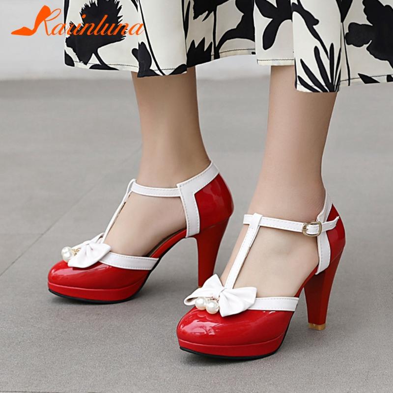 

Karinkuna On Sale Plus Size 32-48 Women Shoes New Trendy Spike Heels butterfly-knot Ankle Strap Multicolor Bowknot Leisure Pumps, Black