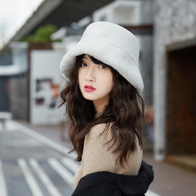 

Ladies Fisherman Hat Autumn Winter Plush Basin Hat Monochrome Flat Top Wide Brim Casual Fashion Thick Fur Warm Bucket, Black