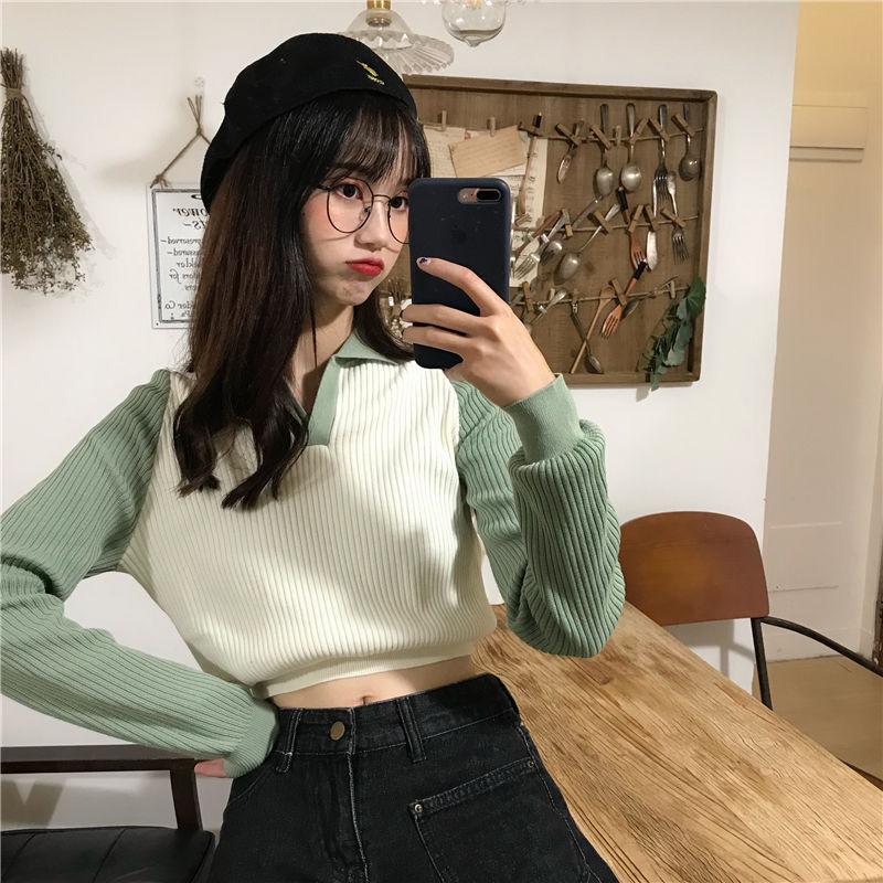 

2020 Autumn New Fashion Women Knitting Pullover Mini Sweater Stitching Color Turn Down Collar Shirt Long Sleeve Short Girls Top, Black