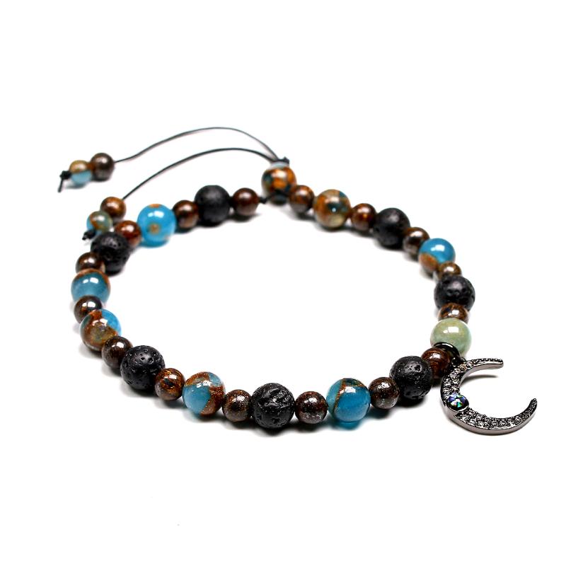 

Meditation Woven Bracelet Lava Moon Charm for Women 6 MM Natural Gold Blue Cloisonne 4MM Bronzite Stone Beads Bracelets Men
