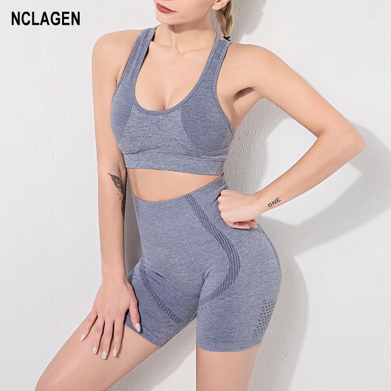 

NCLAGEN Seamless Suit 2 Piece Women Sportwear Fitness Gym Yoga Set Running Sports Bra And Shorts High Elastic Workout Clothes1, Light blue short