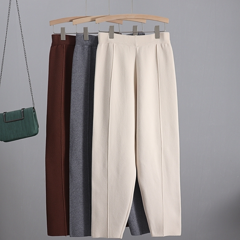 

GIGOGOU Knitted Thick Warm Pants Vertival Striped Women Harem Pants Autumn WinterSolid Peg Leg Fly Pants Workwear Carrot Trouser 201119, Coffee myg887