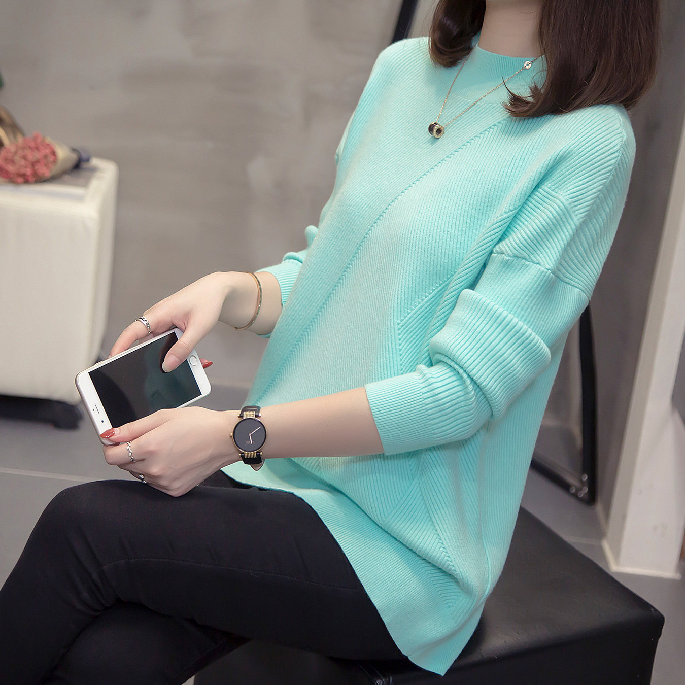 

Plus Size Turtleneck Knit Pullover Women Autumn Winter Loose Batwing Sleeve Chic Chunky Sweaters Oversize Jumper Ladies Knitwear 201130, Blue